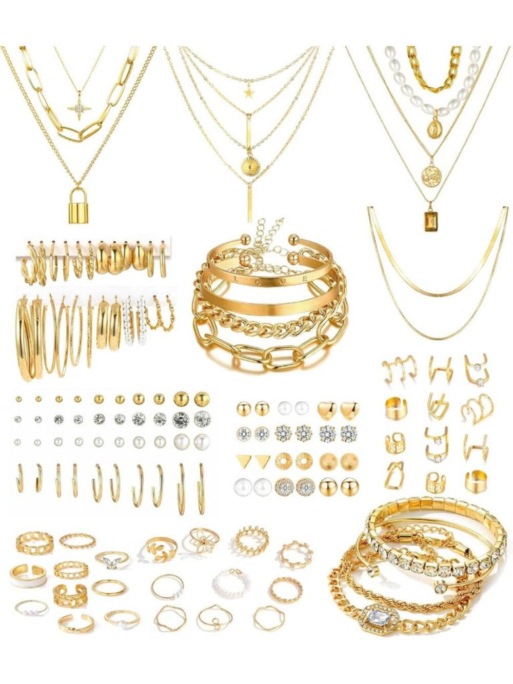 124 Pcs Gold Jewelry Set for Women - Fashion Costume Accessories & Statement